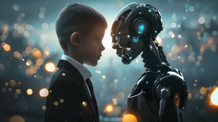 Wall Mural - A boy and a robot are standing in front of a blurry background