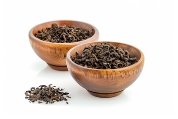 Poster - Dried tea leaves in wooden and white background