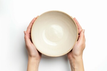 Empty ceramic bowl held in hand on white background Top view