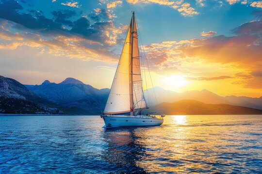 Gorgeous yacht in Mediterranean sea with blue sky and mountains in background sailing at sunset