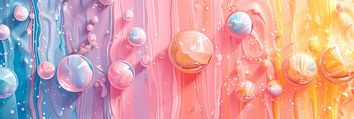 Wall Mural - Liquid paint abstract background banner image with irredescent pinks blues and yellows 3:1 ratio 