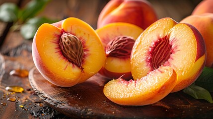 Close-up of Juicy Sliced Peaches on a Wooden Board