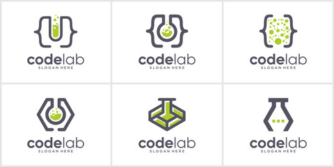 Canvas Print - Set of code lab logo design template. Science laboratory glass and programer logo icon vector.