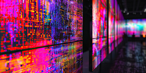 Wall Mural - The Glitched Gallery: A digital art exhibition, featuring abstract images of data corruption and code errors on large monitors.