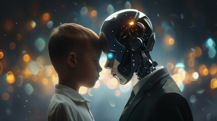 Wall Mural - A robot and a child are standing next to each other