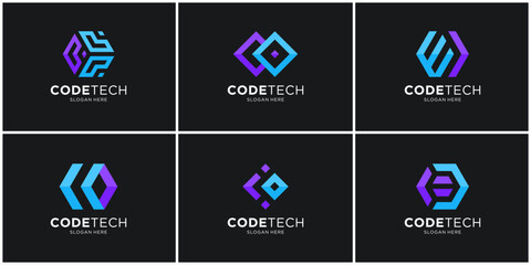 Sticker - Set of modern code tech logo design template.