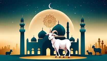 Poster - eid al adha mubarak islamic festival bakrid mosque background with goat social media wishing banner or poster vector illustration generative ai