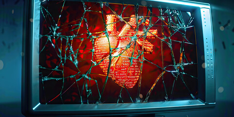 Wall Mural - The hacked heart a broken computer monitor revealing love and heart.