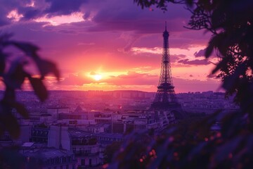 Eiffel Tower at sunset in Paris, France. Romantic travel background