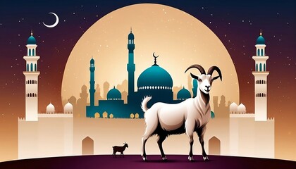 Wall Mural - eid al adha mubarak islamic festival bakrid mosque background with goat social media wishing banner or poster vector illustration generative ai