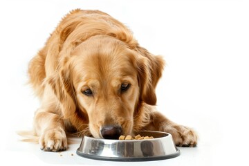 Poster - Golden retriever dog eating from bowl on white background