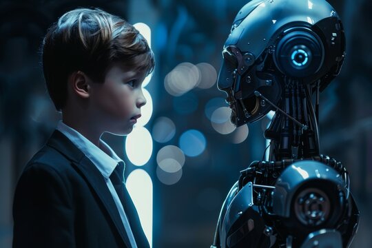 A boy in a suit stands in front of a robot