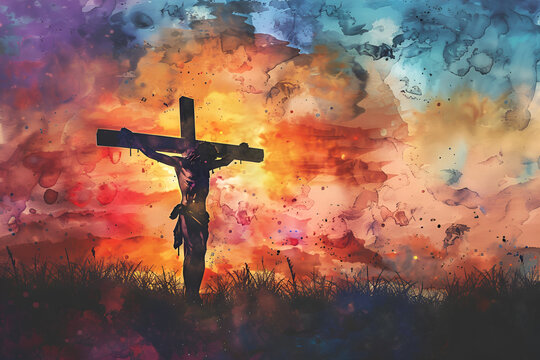 Digital watercolor painting of Jesus Christ Crucifixion on Good Friday Silhouette