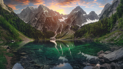 Wall Mural - A beautiful mountain lake with a bright orange sun in the background
