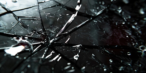 Wall Mural - Black mirror cracked reflection shattered glass.