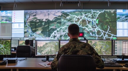 Canvas Print - A man is sitting in front of a computer monitor with a map on it, military headquarters or command post