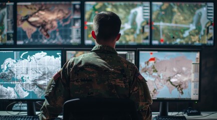 Canvas Print - A man in a military uniform is sitting in front of a computer monitor with a map, military headquarters or command post