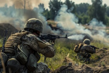 Two soldiers are in a field, one of them is holding a rifle