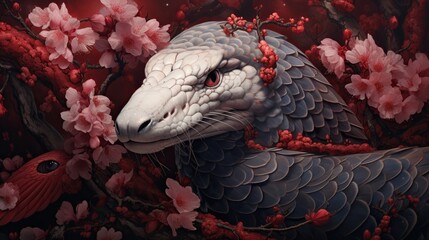 A Japanese-style portrait of a snake with cherry blossoms  