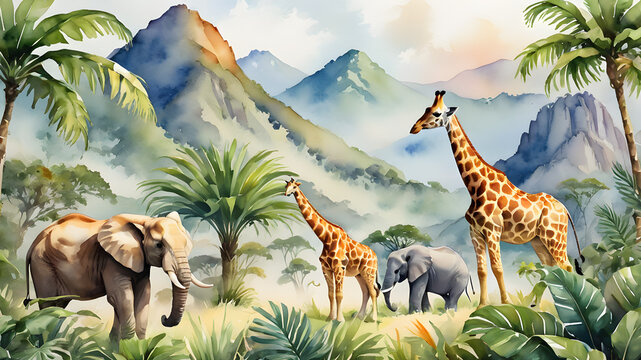 Safari Wildlife Wallpaper Mural, Tropical Animals, Giraffe, Lion, Elephant, Watercolor Illustration, Mountain background, palm leaves, Jungle, tropical illustration for nursery wallpaper Generative AI