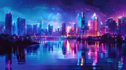 Wall Mural - Futuristic city. Concept Art. Cityscape at night with bright neon lights. 3D illustration. AI generated illustration