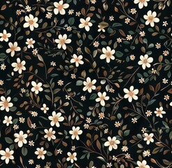 Wall Mural - Tiny white flowers on black background, small brown and green leaves, repeating pattern