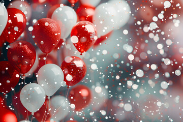 Wall Mural - Generative AI illustration of festive Christmas and vibrant red and white celebration balloons surrounded with glitter and bokeh lights background