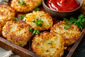 Poster - Hash browns with ketchup on a wooden tray