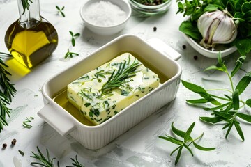 Poster - Herb butter in white tray with olive oil and herbs on light background