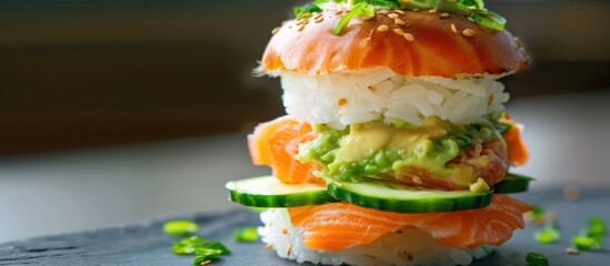 Wall Mural - homemade sushi burger with salmon on the table