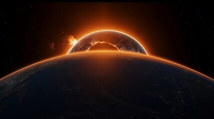arch of orange solar eclipse across earth view from space