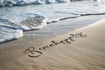Wall Mural - Happy Retirement message handwritten on smooth sand beach with gentle wave