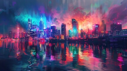 Wall Mural - Futuristic city. Concept Art. Cityscape at night with bright neon lights. 3D illustration. AI generated illustration