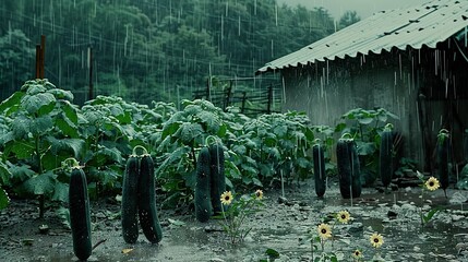   A sunflower field in the rain with a barn in the backdrop and trees surrounding it