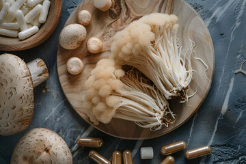 overhead flat lay view of lions mane mushroom with vitamin supplement tablets