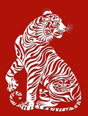 Wall Mural - Classic chinese papercuts tiger on a red background in the style of cryptid academia, generated with AI