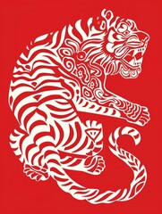 Wall Mural - Classic chinese papercuts tiger on a red background in the style of cryptid academia, generated with AI