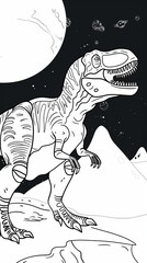 Wall Mural - Monochrome simple spatial tiranosaurus rex from other planet coloring book page for kids ages 814 whimsical childrens illustration friendlier bold thick lines, generated with AI