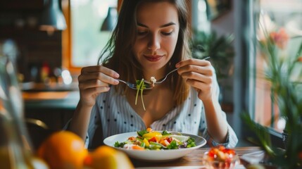 Wall Mural - A person practicing mindful eating savoring each bite and being fully present in the moment