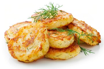 Wall Mural - Potato pancakes with dill on white background