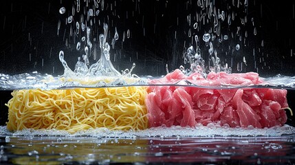 Wall Mural -   Two piles of noodles, each with water splashing