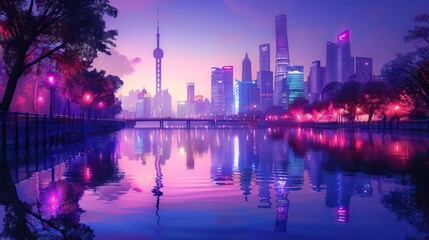 Wall Mural - Futuristic city. Concept Art. Cityscape at night with bright neon lights. 3D illustration. AI generated illustration
