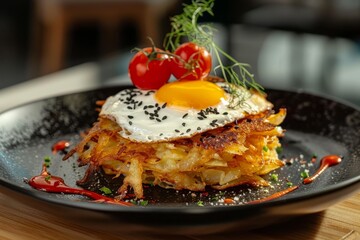 Wall Mural - Potato pancakes with hash brown garnish on a black plate