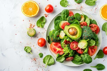 Poster - Salad with avocados tomatoes Brussels sprouts broccoli spinach and oranges on white plate