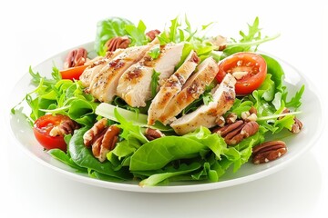 Wall Mural - Salad with chicken tomato nuts on white