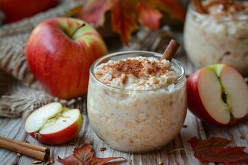 Wall Mural - Selective focus on apple cinnamon overnight oats Text space available