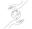 © Olga Rai - One continuous line drawing of hands holding Earth globe. World environment day poster in simple linear style. Protect and save planet concept in editable stroke. Doodle vector illustration