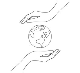 Fototapete - One continuous line drawing of hands holding Earth globe. World environment day poster in simple linear style. Protect and save planet concept in editable stroke. Doodle vector illustration
