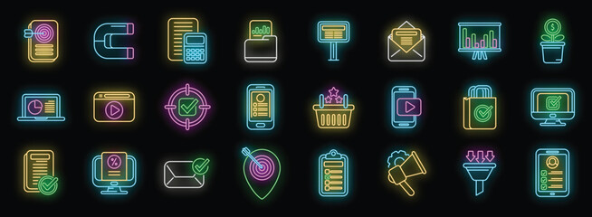 Poster - marketing filled icons set outline vector. direct sales. mail cart neon color on black