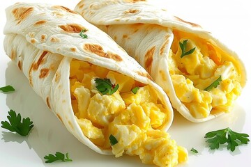 Scrambled egg breakfast burrito with cheese and herbs, served on a soft tortilla, perfect for a quick and delicious morning meal, rich in flavor, savory, and satisfying